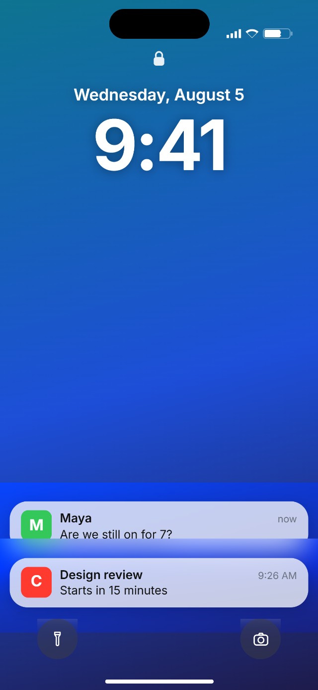 An iPhone lock screen mockup made with the generator — a blue gradient wallpaper, the 9:41 clock, and two notifications from Messages and Calendar
