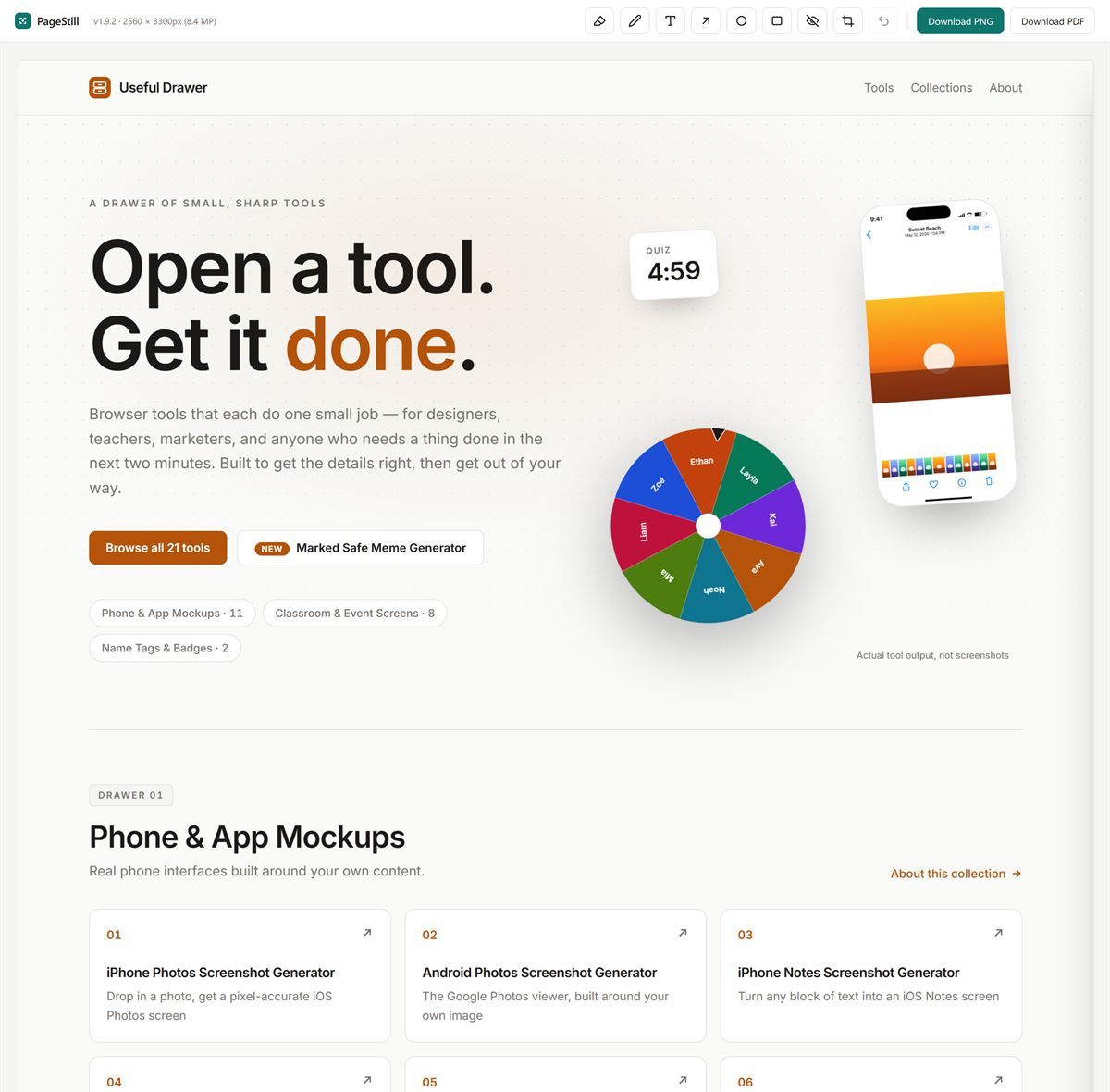 The PageStill editor holding a capture of the Useful Drawer homepage