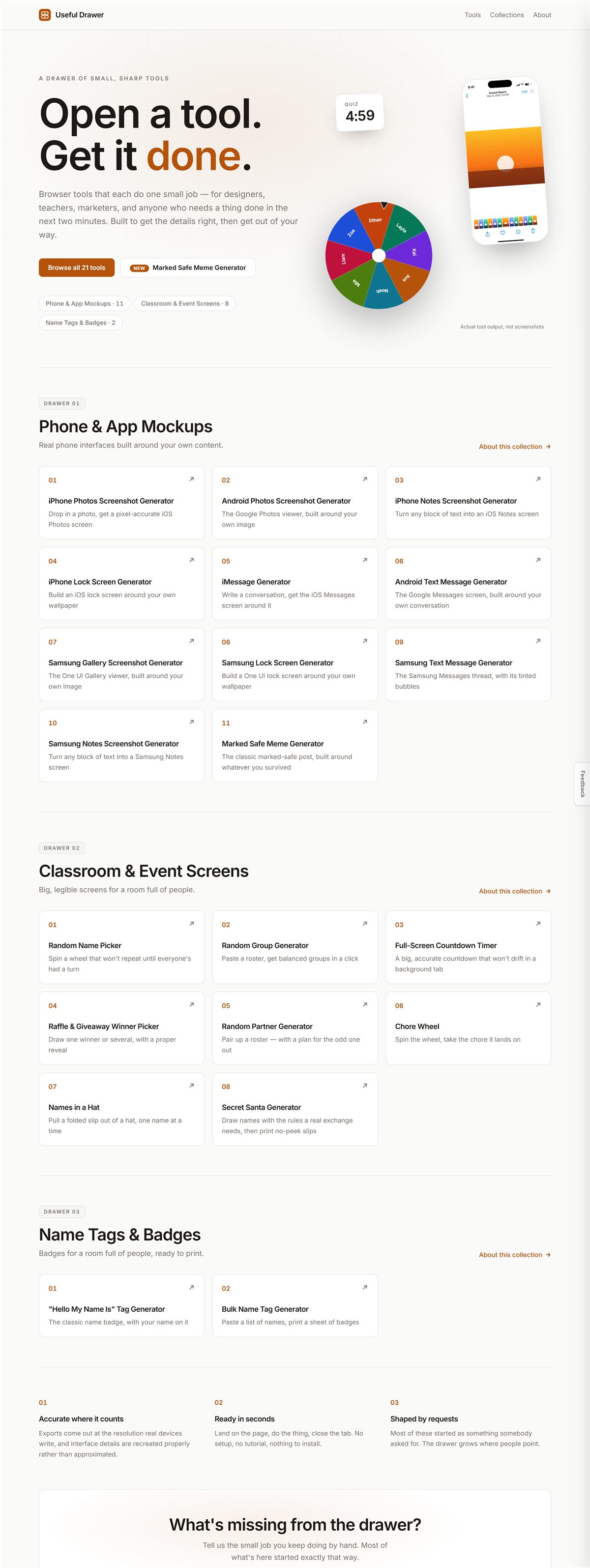 The entire Useful Drawer homepage, top to bottom, as PageStill captured it